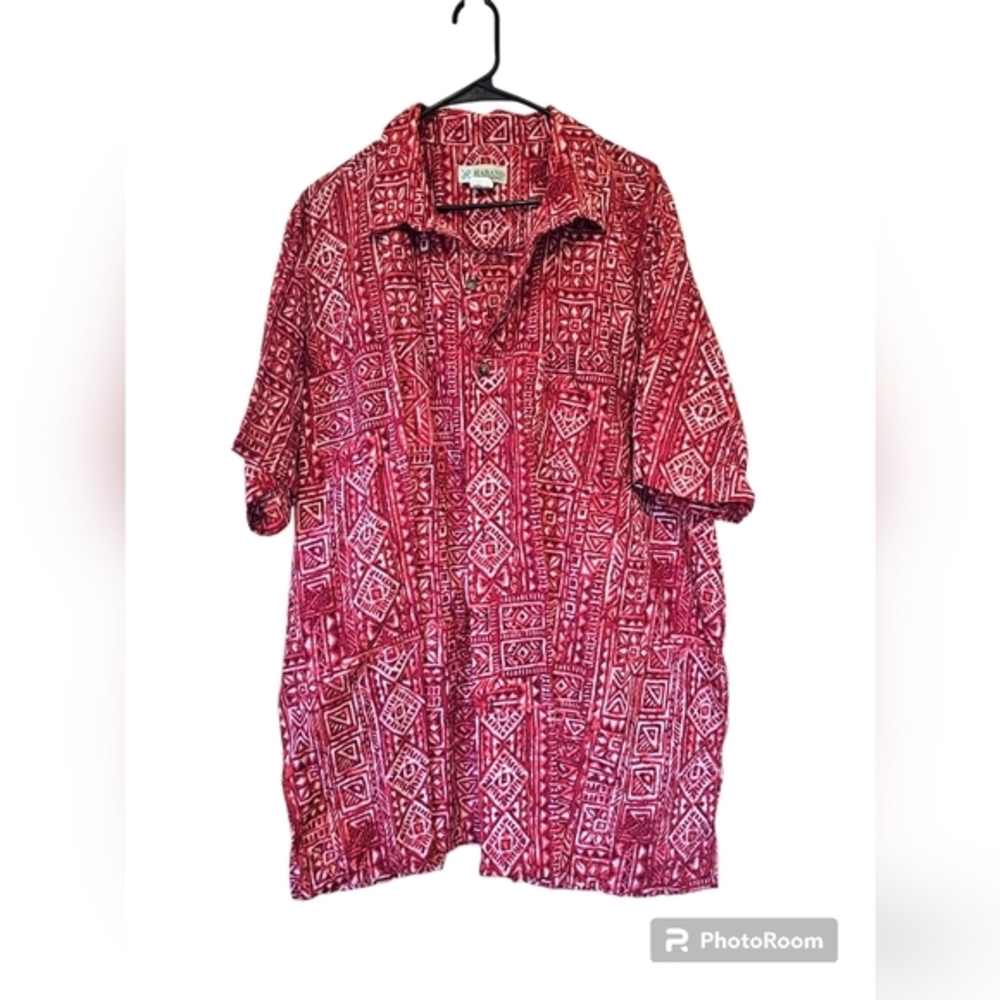 Haband Men’s XXL Red Aztec Short Sleeve Button Down Polyester‎ Shirt 2XL